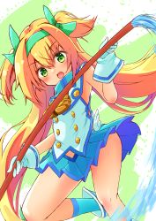 Rule 34 | 1girl, absurdres, blazblue, blonde hair, blue skirt, boots, gloves, green eyes, green hairband, hair between eyes, hair ribbon, hairband, heart, heart-shaped pupils, highres, long hair, miniskirt, open mouth, platinum the trinity, pleated skirt, ribbon, skirt, solo, standing, standing on one leg, symbol-shaped pupils, two side up, very long hair