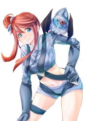Rule 34 | 1girl, animal, animal on shoulder, bad id, bad twitter id, black gloves, blue eyes, blue shirt, blue shorts, breasts, closed mouth, contrapposto, cowboy shot, creatures (company), crop top, elbow gloves, game freak, gen 5 pokemon, gloves, gym leader, hair bun, hair ornament, hand on own hip, hand on own knee, highres, hip focus, leaning forward, light smile, long hair, long sleeves, looking at viewer, medium breasts, midriff, navel, nintendo, pokemon, pokemon (creature), pokemon bw, red hair, shio pasta, shirt, short shorts, shorts, side bun, sidelocks, single side bun, skyla (pokemon), standing, stomach, swept bangs, swoobat, thigh strap