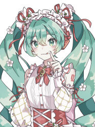 Rule 34 | 1girl, :q, absurdres, aqua eyes, aqua hair, curly hair, detached sleeves, flower, food on hand, frilled hairband, frills, hair between eyes, hair flower, hair ornament, hairband, hatsune miku, highres, long hair, shoulder tattoo, simple background, sleeveless, solo, strawberry miku (morikura), tattoo, tongue, tongue out, twintails, upper body, user fuju4745, very long hair, vocaloid, white background