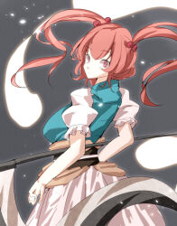 Rule 34 | 1girl, black background, closed mouth, ghost, hair bobbles, hair ornament, holding, holding scythe, jyaoh0731, long hair, looking at viewer, looking back, onozuka komachi, puffy short sleeves, puffy sleeves, red eyes, red hair, sash, scythe, short sleeves, solo, touhou, twintails