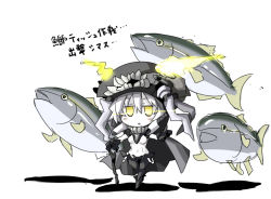 Rule 34 | 10s, 1girl, bad id, bad pixiv id, blush, chibi, fish, kantai collection, simple background, solo, translation request, white background, wo-class aircraft carrier, yellow eyes, yu-ves