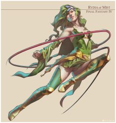 Rule 34 | 1990s (style), 1girl, belt, boots, breasts, detached sleeves, earrings, final fantasy, final fantasy iv, green eyes, green hair, hair ornament, jamal campbell, jewelry, jumping, long hair, matching hair/eyes, rydia (ff4), sideboob, small breasts, solo, thigh boots, thighhighs, weapon, whip, wide sleeves