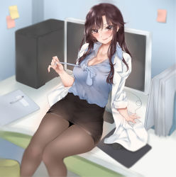 Rule 34 | 1girl, bababababan, bad id, bad pixiv id, blue shirt, blush, breasts, brown eyes, brown hair, cleavage, computer, computer tower, desk, hair between eyes, highres, jewelry, lab coat, large breasts, long hair, looking at viewer, miniskirt, mole, mole on breast, monitor, mouse (computer), mousepad, mousepad (object), nail polish, necklace, notebook, on desk, open mouth, pantyhose, pen, pencil skirt, pink nails, shirt, sitting, on desk, skirt, sleeves rolled up, smile, sticky note, ueno-san wa bukiyou, untying