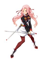 Rule 34 | 1girl, absurdres, alternate costume, black jacket, blush, commentary, english commentary, gloves, highres, holding, holding sword, holding weapon, jacket, long hair, multicolored clothes, multicolored jacket, nini yuuna, pantyhose, parted bangs, pink eyes, pink hair, sheath, sheathed, shinhrofficer, solo, sword, tsunderia, twintails, two-tone jacket, v-shaped eyebrows, virtual youtuber, weapon, white background, white gloves, white jacket