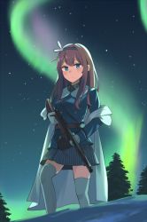 Rule 34 | 1girl, aurora, belt, blue eyes, blue jacket, blue skirt, breasts, cloak, cloak pull, closed mouth, girls&#039; frontline, gloves, gun, hairband, highres, hinami047, holding, holding weapon, jacket, light brown hair, long hair, looking at viewer, sidelocks, skirt, sky, small breasts, snow, solo, standing, star (sky), starry sky, striped clothes, striped skirt, submachine gun, suomi (girls&#039; frontline), suomi kp/-31, thighhighs, weapon, white cloak, white gloves, white thighhighs, winter, zettai ryouiki