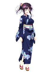 Rule 34 | 1girl, black hair, breasts, closed eyes, full body, golden marriage, hair ornament, hayakawa harui, highres, japanese clothes, kimono, long hair, medium breasts, obi, open mouth, sandals, sash, shimakage ruri, solo, standing, transparent background, wide sleeves