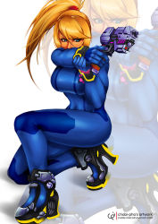 Rule 34 | 1girl, aiming, ankle boots, arm support, blonde hair, blue eyes, boots, breasts, chobi-pho, full body, gun, handgun, high heel boots, high heels, kneeling, large breasts, legs, long hair, metroid, neon trim, on one knee, pistol, ponytail, rocket boots, samus aran, scrunchie, skin tight, solo, super smash bros., thighs, toni hoang nguyen, weapon, wristband, zero suit, zoom layer
