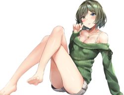 Rule 34 | 1girl, arm support, bare legs, bare shoulders, barefoot, blue eyes, blush, bra strap, breasts, bvucki36gzoeq1c, cleavage, closed mouth, collarbone, green eyes, green hair, hand up, heterochromia, idolmaster, idolmaster cinderella girls, jewelry, long sleeves, looking at viewer, medium breasts, mole, mole under eye, necklace, no legwear, off-shoulder, off-shoulder sweater, off shoulder, shiny skin, short hair, short shorts, shorts, sitting, smile, solo, strap slip, sweater, takagaki kaede