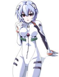 Rule 34 | 1girl, :o, arm support, ayanami rei, bad id, bad pixiv id, blue hair, bodysuit, cowboy shot, gloves, grune, hair between eyes, hair ornament, hand on own chest, looking at viewer, neon genesis evangelion, oekaki, open mouth, pale skin, pilot suit, plugsuit, purple eyes, red eyes, shadow, short hair, simple background, sitting, solo, white background
