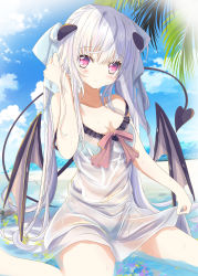 Rule 34 | aqua bikini, aruka (alka p1), beach, bikini, bikini under clothes, blue skirt, breasts, cleavage, closed mouth, cloud, collarbone, commentary request, day, demon, demon girl, demon tail, demon wings, dress, hair ribbon, highres, japanese clothes, kimono, long hair, looking at viewer, moe2022, ocean, original, outdoors, palm tree, partially submerged, red eyes, ribbon, silver hair, sitting, skirt, sky, small breasts, swimsuit, tail, tree, wet, wet clothes, wet dress, white dress, wings