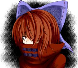 Rule 34 | 1girl, bad id, bad pixiv id, black background, blue ribbon, bow, cape, close-up, covered mouth, gradient background, hair bow, hair over one eye, looking at viewer, red eyes, red hair, ribbon, sekibanki, short hair, solo, touhou, zetsumame