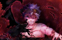 Rule 34 | 1boy, agate lul, asta (black clover), bat wings, black clover, black hair, black wings, bleeding, blood, blood from mouth, blood on face, clenched teeth, glowing, glowing eye, headband, highres, holding, looking at viewer, multicolored hair, one eye closed, open mouth, red eyes, shaded face, silver hair, single wing, spoilers, sword, teeth, two-tone hair, upper body, weapon, wings