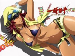 Rule 34 | 00s, 10s, 1girl, abs, animal print, arm up, armpits, bare shoulders, belt, bikini, bikini top only, bikini under clothes, blue bikini, blue eyes, bracelet, breasts, character name, cleavage, contrapposto, copyright name, cowboy shot, cutoffs, dark-skinned female, dark skin, denim, denim shorts, dutch angle, eyecatch, g-string, glint, goggles, goggles on head, hand on headwear, hat, high collar, ikkitousen, ikkitousen xtreme xecutor, jewelry, large breasts, leopard print, light smile, logo, long hair, looking at viewer, moukaku (ikkitousen), navel, necklace, official art, open clothes, open fly, open vest, panties, peaked cap, red hair, rin-sin, shadow, short shorts, shorts, sideboob, sidelocks, smile, solo, standing, strap gap, string bikini, swimsuit, swimsuit under clothes, thong, unbuttoned, underboob, underwear, unzipped, vest, white background, wide hips