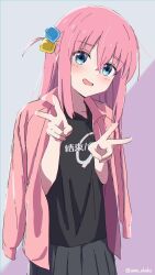 Rule 34 | 1girl, ama (ama ekaku), arms up, artist name, black skirt, blue eyes, blush, bocchi the rock!, cowboy shot, cube hair ornament, female focus, gotoh hitori, hair ornament, hair strand, hand up, highres, jacket, jacket on shoulders, japanese text, logo, looking at viewer, multicolored background, pink hair, pink jacket, pleated skirt, print shirt, purple background, shirt, simple background, skirt, smile, solo, standing, t-shirt, translation request, twitter username, two-tone background, upper body, white background