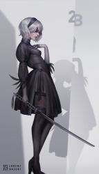 Rule 34 | 1girl, arm at side, artist name, black dress, black gloves, black hairband, black ribbon, black thighhighs, blindfold, boots, breasts, character name, cleavage cutout, clothing cutout, covered eyes, dress, feather-trimmed sleeves, feather trim, from side, full body, gloves, hair over eyes, hairband, hand on own chest, hand up, high heel boots, high heels, highres, holding, holding sword, holding weapon, juliet sleeves, katana, lips, long sleeves, lorenz basuki, nier (series), nier:automata, nose, parted lips, profile, puffy sleeves, ribbed dress, ribbed sleeves, ribbon, shadow, short dress, short hair, side slit, silver hair, small breasts, solo, standing, sword, tassel, thigh boots, thighhighs, turtleneck, vambraces, weapon, 2b (nier:automata)