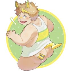 Rule 34 | 1boy, animal ears, animal on ass, arrow (symbol), ass, back, bottomless, brown hair, creatures (company), cropped legs, dog boy, dog ears, dog tail, fat, fat man, game freak, gen 5 pokemon, gen 8 pokemon, green eyes, highres, joltik, kemonomimi mode, looking back, male focus, multicolored hair, nintendo, open mouth, personification, pokemon, short hair, solo, streaked hair, tail, tank top, thick arms, thick eyebrows, thick thighs, thighs, tongue, tongue out, white tank top, yamper, yunosuke