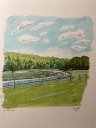 Rule 34 | 2023, absurdres, artist name, cloud, commentary, english commentary, forest, highres, jsel92, nature, no humans, original, outdoors, painting (medium), racetrack, real world location, scenery, signature, sky, traditional media, watkins glen international