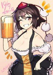 Rule 34 | 1girl, alcohol, alternate costume, bare shoulders, beer, beer mug, black hair, breasts, cleavage, collarbone, commentary request, cup, dated, dirndl, german clothes, hand on own hip, hat, highres, looking at viewer, medium breasts, mug, one eye closed, pointy ears, pom pom (clothes), red eyes, shameimaru aya, short hair, smile, solo, sweatdrop, taketora suzume, tears, tokin hat, touhou