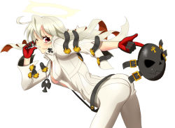 Rule 34 | 1girl, ahoge, artist request, ass, back, belt, black gloves, candy, food, gloves, guilty gear, guilty gear xrd, guilty gear xrd: revelator, halo, jack-o&#039; valentine, jacket, lollipop, long hair, long sleeves, looking at viewer, mask, unworn mask, multicolored hair, one eye closed, pants, pantylines, platinum blonde hair, red eyes, red hair, shiny clothes, solo, very long hair, wink