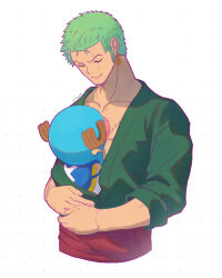 Rule 34 | 2boys, antlers, artist name, back, bag, carrying, carrying person, closed eyes, cropped torso, earrings, green hair, green kimono, highres, horns, japanese clothes, jewelry, kimono, male focus, multiple boys, one piece, reindeer antlers, roronoa zoro, sash, scar, scar across eye, shoulder bag, sideburns, simple background, smile, stnutt, tony tony chopper, v-shaped eyebrows, white background