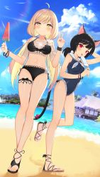 Rule 34 | 2girls, animal ears, arm up, beach, bikini, black bikini, black hair, blonde hair, blue sky, blush, bracelet, breasts, bridal garter, building, cat ears, cat tail, day, food, high heels, highres, jewelry, long hair, looking at viewer, low twintails, medium breasts, multiple girls, one-piece swimsuit, original, outdoors, popsicle, red eyes, sailor collar, sandals, see-through, short hair, sky, smile, swimsuit, tail, tongue, tongue out, topu, twintails, v, water, watermelon bar, yellow eyes