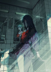 Rule 34 | 1girl, absurdres, bathroom, black hair, black serafuku, commentary, crack, cracked glass, dated, highres, holding, holding suitcase, indoors, light rays, lipstick, long hair, long sleeves, makeup, mirror, original, pale skin, red lips, red neckwear, reflection, rolua, school uniform, serafuku, signature, sink, skirt, solo, suitcase, tile wall, tiles