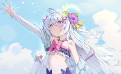 Rule 34 | 1girl, ahoge, angel wings, azusa (blue archive), azusa (swimsuit) (blue archive), bikini, blue archive, bow, feathered wings, flat chest, flower, frilled bikini, frills, hair between eyes, hair flower, hair ornament, halo, highres, long hair, official alternate costume, parted lips, pink bow, pink eyes, purple bikini, purple bow, solo, swimsuit, tamago (eva1314056), upper body, white hair, white wings, wings, yellow halo