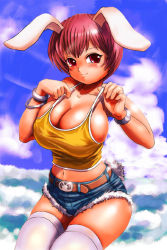 Rule 34 | 1girl, animal ears, breasts, rabbit ears, rabbit tail, camisole, cleavage, gox, huge breasts, moriichi, red eyes, red hair, shirt, short hair, shorts, solo, t-shirt, tail, thighhighs