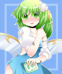 Rule 34 | 1girl, :d, bad id, bad pixiv id, bandages, bandaid, bandaid on arm, blue bra, blue dress, blush, bomb, bra, breasts, cleavage, collarbone, daiyousei, dress, embarrassed, explosive, fairy wings, female focus, green eyes, green hair, hammer (sunset beach), matching hair/eyes, medium breasts, open mouth, power-up, puffy sleeves, short hair, short sleeves, side ponytail, smile, solo, strap slip, sweatdrop, tears, torn clothes, touhou, underwear, wings