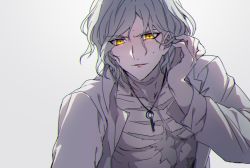 Rule 34 | 1boy, alternate costume, edmond dantes (fate), fate/grand order, fate (series), jewelry, male focus, necklace, open mouth, rondo (poccal), short hair, smile, solo, sweat, upper body, wavy hair, white hair, yellow eyes