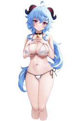 Rule 34 | 1girl, :o, ahoge, alternate costume, bare arms, bare shoulders, bell, bikini, black choker, blue hair, breasts, choker, cleavage, cowbell, cropped legs, ganyu (genshin impact), genshin impact, goat horns, hair between eyes, halterneck, hands on own chest, hands up, highres, horns, large breasts, legs together, long hair, looking at viewer, momendoufu, navel, neck bell, parted lips, purple eyes, side-tie bikini bottom, sidelocks, solo, stomach, string bikini, swimsuit, thighs, transparent background, white bikini