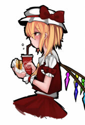 Rule 34 | 1girl, blonde hair, cup, disposable cup, drinking, flandre scarlet, hat, mob cap, opagi, red eyes, red skirt, red vest, skirt, touhou, vest, wings