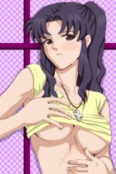 Rule 34 | 1girl, bare arms, blush, breasts, brown eyes, collarbone, cross, cross necklace, jewelry, katsuragi misato, large breasts, long hair, nagisa (516k), neck, necklace, neon genesis evangelion, open mouth, parted bangs, plaid, plaid background, ponytail, purple background, purple hair, scar, sidelocks, solo, tank top, underboob, yellow tank top