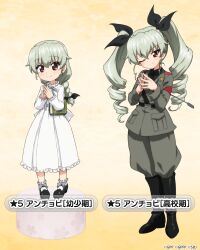Rule 34 | 2girls, ;), aged down, anchovy (girls und panzer), anzio military uniform, back bow, belt, black belt, black footwear, black necktie, black ribbon, black shirt, bobby socks, book, boots, bow, braid, braided ponytail, character name, closed mouth, commentary request, dress, dress shirt, drill hair, frilled dress, frilled sleeves, frills, girls und panzer, girls und panzer senshadou daisakusen!, green hair, grey jacket, grey pants, hair ribbon, holding, holding book, holding riding crop, jacket, knee boots, long hair, long sleeves, looking at viewer, mary janes, medium dress, military, military uniform, multiple girls, necktie, official art, one eye closed, pants, red eyes, ribbon, riding crop, sam browne belt, shirt, shoes, single braid, smile, socks, standing, star (symbol), steepled fingers, translated, twin drills, twintails, uniform, watermark, white dress, white socks, wing collar, yellow background