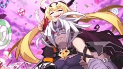 Rule 34 | 1boy, 1girl, absurdres, ahoge, blonde hair, candy, carrying, eating, closed eyes, food, game cg, highres, horns, lollipop, long hair, makai shin trillion, nanameda kei, official art, perpell, red eyes, saliva, shoulder carry, smile, swirl lollipop, white hair, zeabolos