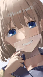 Rule 34 | 1girl, absurdres, blue eyes, blush, collarbone, covered mouth, dutch angle, grey hair, grin, highres, holding, holding photo, idolmaster, idolmaster shiny colors, looking at viewer, nofakeuk, photo (object), portrait, revealing layer, school uniform, serizawa asahi, simple background, smile, solo, white background