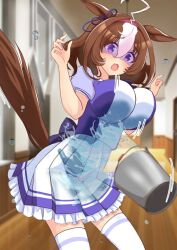 Rule 34 | 1girl, ahoge, animal ears, arms at sides, blurry, blurry background, bouncing breasts, breasts, brown hair, bucket, hair between eyes, hair ornament, headband, horse ears, horse girl, horse tail, large breasts, looking at viewer, meisho doto (umamusume), open mouth, purple eyes, shachikunoosamu, shaded face, solo, surprised, tail, thighhighs, umamusume, wet, wet clothes
