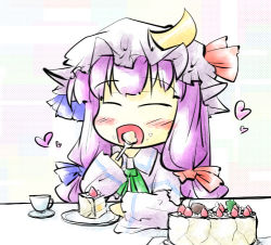 Rule 34 | 1girl, ascot, bad id, bad pixiv id, blush, bow, cake, cake slice, crescent, cup, eating, closed eyes, female focus, food, food on face, fork, hair bow, hat, hat bow, heart, long hair, lowres, natsuki (silent selena), open mouth, patchouli knowledge, plate, purple hair, saucer, solo, touhou, white background
