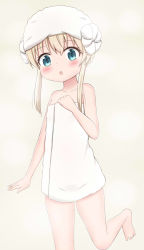 Rule 34 | 10s, 1girl, :o, bare arms, bare legs, bare shoulders, barefoot, blonde hair, blue eyes, blush, brown background, collarbone, commentary request, hair between eyes, hand up, highres, jiu (sdesd3205), long hair, looking at viewer, naked towel, parted lips, sidelocks, solo, standing, standing on one leg, takanashi misha, towel, towel on head, uchi no maid ga uzasugiru!
