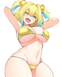 Rule 34 | + +, 1girl, aqua hair, arms up, bebebe (pepegakii), bikini, blonde hair, blue eyes, blush, bombergirl, breasts, cleavage, covered erect nipples, curvy, fangs, grenade hair ornament, hair ornament, highres, large breasts, multicolored hair, open mouth, pine (bombergirl), short hair, simple background, skin fangs, solo, swimsuit, symbol-shaped pupils, thick thighs, thighs, two-tone hair, white background, wide hips, yellow bikini, yellow pupils
