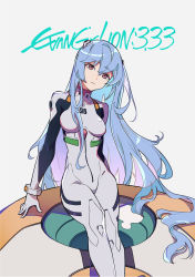 Rule 34 | 1girl, arm support, ayanami rei, blue hair, bodysuit, breasts, closed mouth, commentary, copyright name, eva 00, evangelion: 3.0+1.0 thrice upon a time, evangelion: 3.0 you can (not) redo, expressionless, feet out of frame, grey background, highres, interface headset, jessie6533, long hair, medium breasts, neon genesis evangelion, plugsuit, rebuild of evangelion, red eyes, simple background, sitting, skin tight, solo, very long hair, white bodysuit