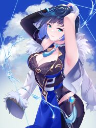 Rule 34 | 1girl, absurdres, armpits, arms up, asymmetrical gloves, bare shoulders, black gloves, blue dress, blue eyes, blue hair, blue sky, breasts, cleavage, cloud, commentary request, cowboy shot, day, dress, fur-trimmed jacket, fur trim, genshin impact, gloves, highres, jacket, large breasts, lingshalan, mismatched gloves, outdoors, sky, sleeveless, sleeveless dress, solo, standing, white gloves, white jacket, yelan (genshin impact)