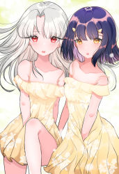 Rule 34 | 2girls, bare shoulders, black hair, collarbone, commentary, dress, eyes visible through hair, fate/kaleid liner prisma illya, fate (series), hair ornament, hairclip, hige (693273545), highres, illyasviel von einzbern, long hair, looking at viewer, miyu edelfelt, multiple girls, open mouth, red eyes, spaghetti strap, white hair, yellow dress, yellow eyes