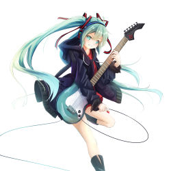 Rule 34 | 00s, 1girl, aqua eyes, aqua hair, black coat, black footwear, blush, coat, floating hair, grin, guitar, hatsune miku, headphones, highres, holding, holding instrument, instrument, leg up, long hair, looking at viewer, matching hair/eyes, red shirt, shirt, simple background, smile, solo, standing, standing on one leg, utatanecocoa, very long hair, vocaloid, white background