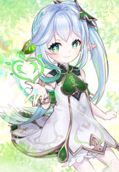 Rule 34 | 1girl, bloomers, bracelet, cape, child, chitose yuki, commentary, cross-shaped pupils, detached sleeves, dress, genshin impact, gradient hair, green cape, green eyes, green hair, green sleeves, hair ornament, highres, jewelry, leaf hair ornament, long hair, multicolored hair, nahida (genshin impact), pointy ears, side ponytail, smile, solo, symbol-shaped pupils, underwear, white bloomers, white dress, white hair