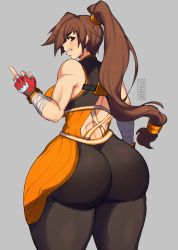 Rule 34 | 1girl, angry, artist name, ass, bare shoulders, bodysuit, brown eyes, brown hair, dnf duel, dungeon and fighter, fighter (dungeon and fighter), fingerless gloves, gloves, grey background, highres, huge ass, long hair, looking at viewer, looking back, middle finger, ponytail, sleeveless, solo, striker (dungeon and fighter), taiger, thick thighs, thighs, tight clothes, wide hips