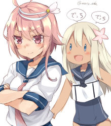 Rule 34 | 10s, 2girls, :d, bare shoulders, blonde hair, blue eyes, blush, catchphrase, crossed arms, flower, furrowed brow, hair flower, hair ornament, i-58 (kancolle), kantai collection, long hair, maruki (punchiki), multiple girls, neckerchief, open mouth, pink hair, ro-500 (kancolle), sailor collar, school swimsuit, school uniform, serafuku, short hair, simple background, smile, swimsuit, swimsuit under clothes, tan, twitter username, white background