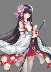 Rule 34 | 1girl, black hair, blue eyes, butterfly hair ornament, detached sleeves, hair ornament, highres, holding, katana, long hair, looking at viewer, original, pleated skirt, simple background, skirt, smile, solo, sword, thighhighs, weapon, white thighhighs, yuki7128, zettai ryouiki