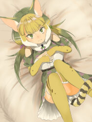 Rule 34 | 1girl, animal ears, bare shoulders, bed, camouflage, cat ears, cat girl, cat tail, elbow gloves, extra ears, fingerless gloves, gloves, green eyes, grey hair, highres, jungle cat (kemono friends), kemono friends, kemono friends v project, kneehighs, long hair, looking at viewer, microphone, ribbon, skirt, socks, solo, tail, twintails, virtual youtuber, y0whqzz8bkslezl