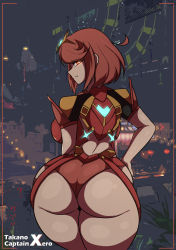 Rule 34 | 1girl, :3, absurdres, ass, ass focus, blurry, blurry background, breasts, bright pupils, dark, eyelashes, glowing, glowing eyes, half-closed eyes, hand on own hip, highres, huge ass, in, large breasts, looking at viewer, looking back, matching hair/eyes, pyra (xenoblade), red eyes, red hair, shiny skin, short hair, short shorts, shorts, smile, solo, takanoart, thick thighs, thighs, white pupils, wide hips, xenoblade chronicles (series), xenoblade chronicles 2